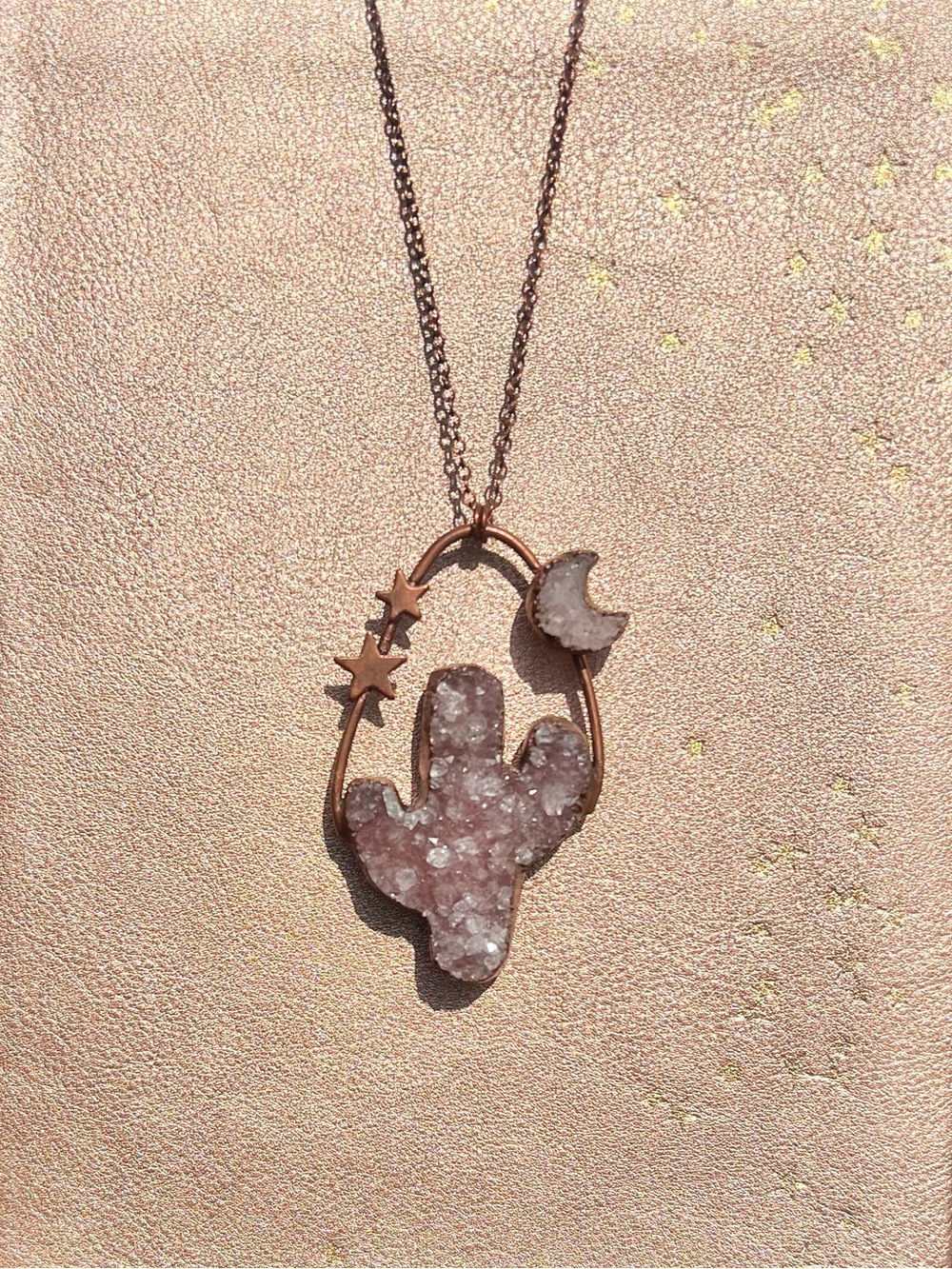 Copper & Pink Amethyst Cactus Druzy Necklace with Moon & Stars - Women Jewelry